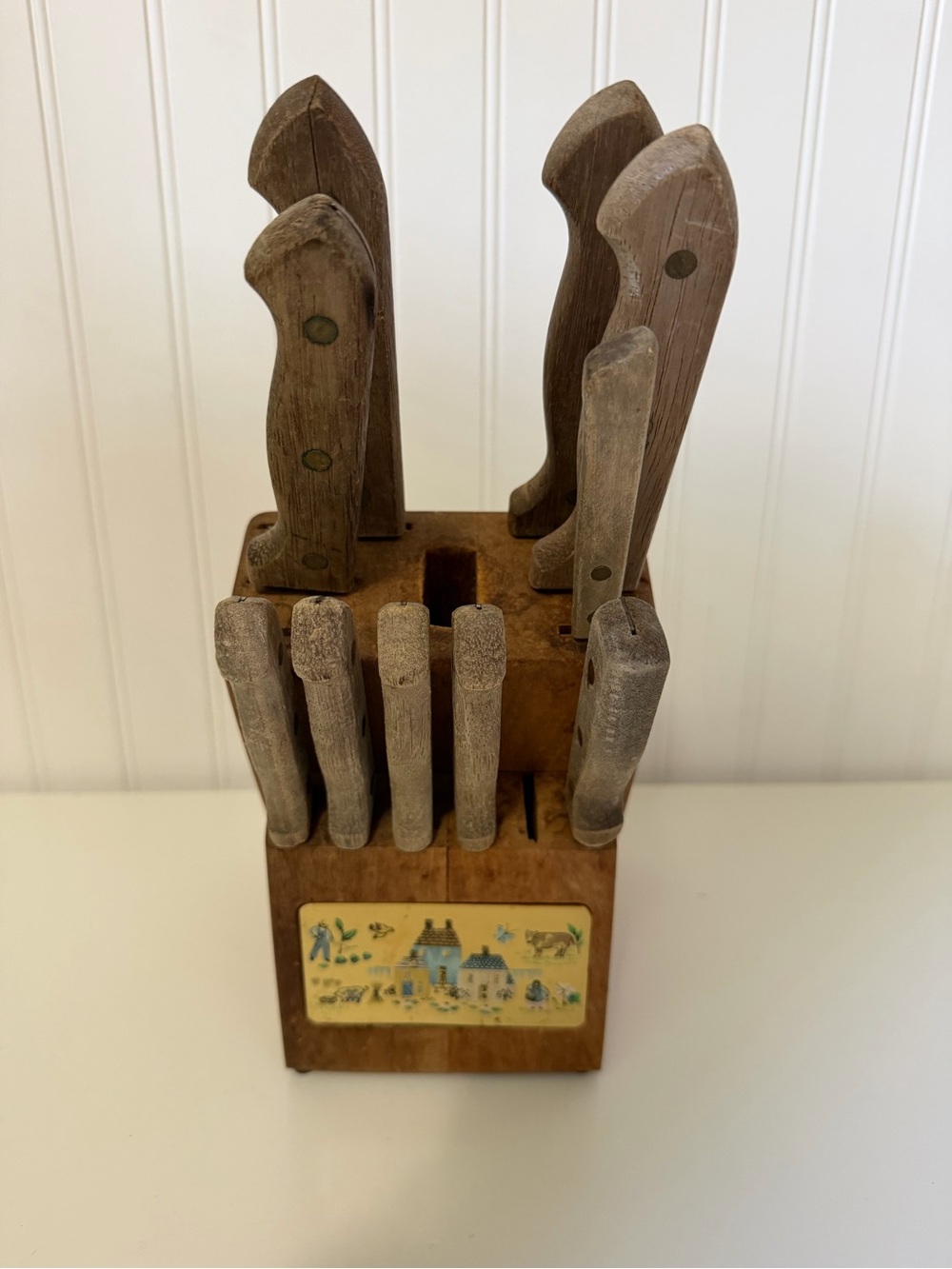 Vintage Heartland Wood Knife Block Set Country Folk Art 9 Knives Total